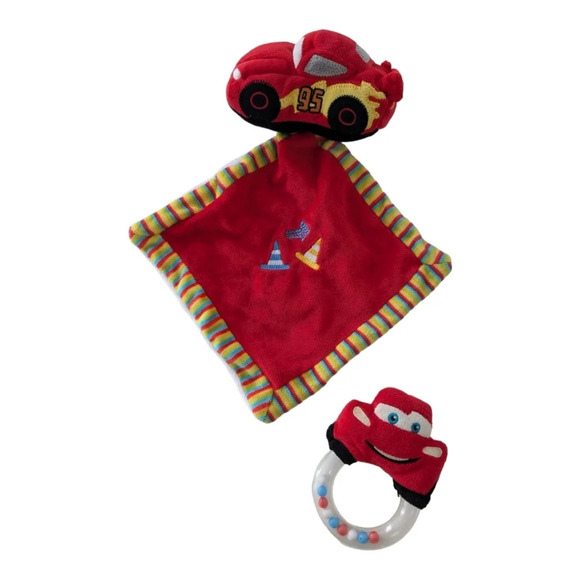 Lightning McQueen Security Blanket Red Plush Car Baby Lovey Clutch  Rattle Set - Picture 1 of 5